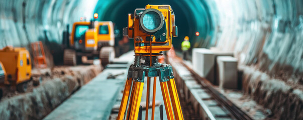 Close up of survey tools in tunnel construction site, showcasing total station on tripod. scene captures essence of engineering and precision in vibrant, industrial environment