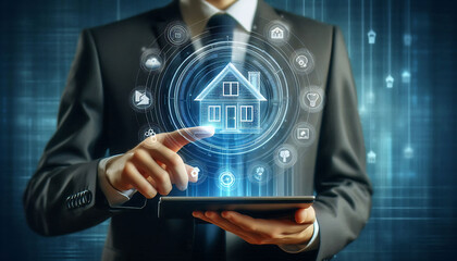 Man touches virtual house icon for mortgage loan analysis. Real estate investment, interest rate, business planning concept.
