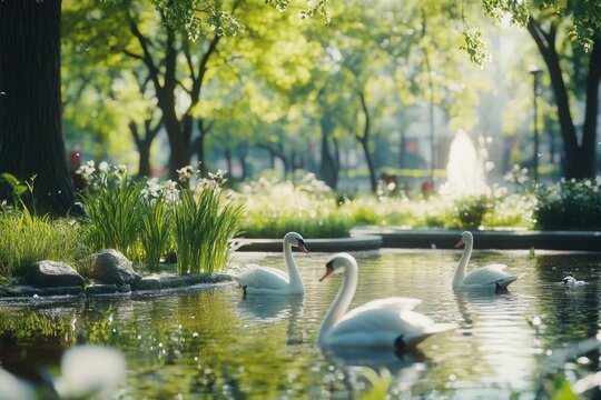Group of swons swimming in a serene water environment, great for use in nature or wildlife scenes