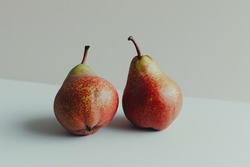 A pair of ripe pears sit together on a table, perfect for still life photography or fruit arrangement