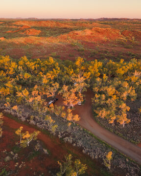 Aerial view of beautiful desert landscape with winding road and trees at sunset, House Creek Rest Area, Nanutarra, Australia.