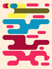 A vibrant abstract design featuring fluid shapes in yellow, blue, red, and pink on a beige background. The composition includes overlapping circles and elongated forms, creating a dynamic visual flow