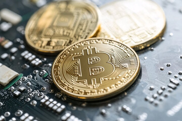 Close-up of shiny gold bitcoins on a computer motherboard symbolizing digital currency technology and modern finance
