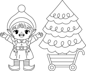 Cute Christmas elf outline coloring