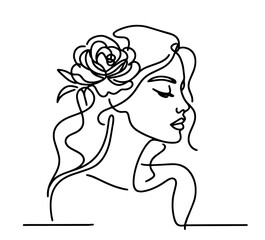 artistic one-line portrait of a woman, expressing beauty and poise in minimalist monoline black vector