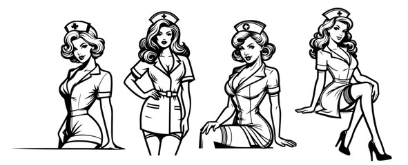 stylish pin-up nurse illustrations, hand-drawn black vector collection