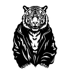 fierce tiger with jacket in vintage black vector illustration
