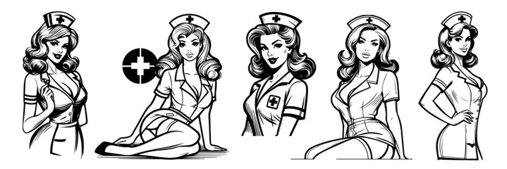 retro nurse pin-up girls in uniform, black vector set with elegant style