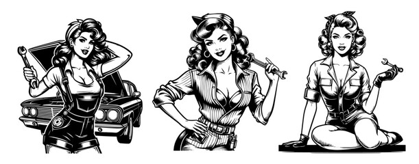 stylish pin-up mechanic characters with tools, black vector artwork