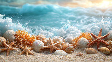 beautiful beach sea themed banner with beautiful shells, corals and starfish	