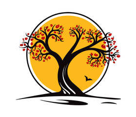 decorative tree illustration with autumn leaves and sun, black vector style