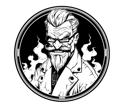 recommend clip art: Retro evil scientist portrait in circular design – black vector"