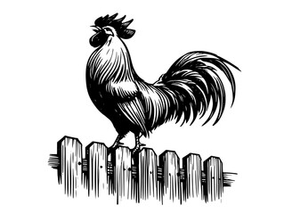 proud rooster perched on fence in rural farm scene, black vector © Luka