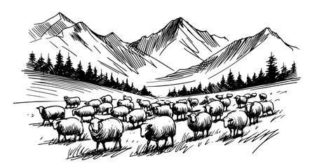 pastoral mountain landscape with flock of sheep, black vector illustration
