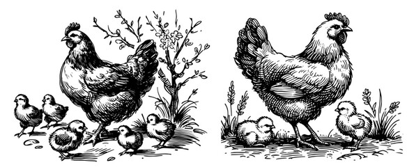 black vector of hen with chicks in countryside scene, vintage style © Luka