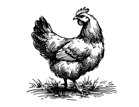 hand-drawn hen watching over chicks, vintage black vector style