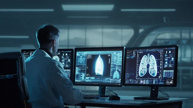 Doctor working at futuristic office, multiple monitors displaying medical images, data and body scans.