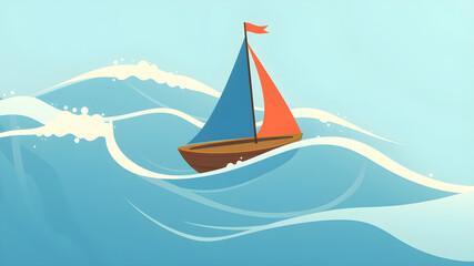 Simple sailboat on waves illustration. Generative AI