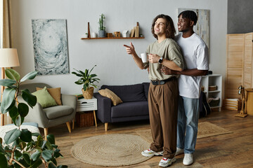 Fototapeta premium A happy gay couple embraces warmly, sharing laughter and love in their inviting living space.