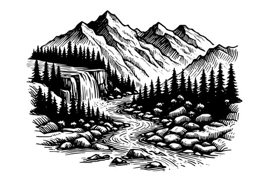 rustic mountain river landscape with trees black vector