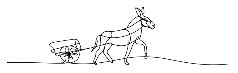 continuous line drawing of donkey and cart black vector