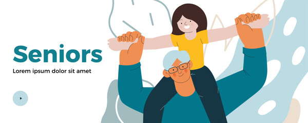 Grandchild sit on grandfathers shoulders, senior adult hold kids arms above his head on abstract background. Modern flat vector illustration. Seniors. Landing page and website banner template.