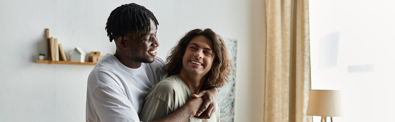 Fototapeta premium A loving couple shares laughter and warmth in their inviting living space during a quiet evening.
