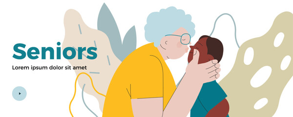 Cheerful senior woman with kid. Grandparent kissing grandchild on abstract background. Modern flat vector illustration. Seniors. Landing page and website banner template.