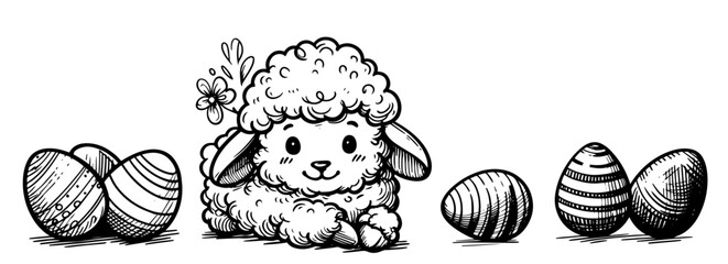 creative illustration of a playful lamb with decorative eggs, perfect for Easter cards and seasonal celebrations black vector