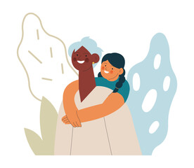 Cheerful senior woman with kid. Grandparent embrace grandchild on abstract background. Modern flat vector illustration. Seniors. Landing page and website banner template.