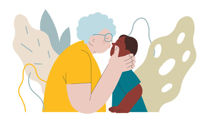 Cheerful senior woman with kid. Grandparent kissing grandchild on abstract background. Modern flat vector illustration. Seniors. Landing page and website banner template.