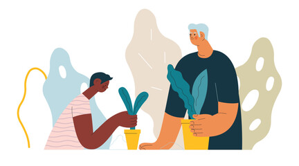 Cheerful senior man with kid. Grandparent planting houseplants with grandchild on abstract background. Senior man gardening with child. Vector illustration. Seniors. Landing page and website banner