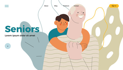 Cheerful senior man with kid. Grandparent embrace grandchild on abstract background. Senior man hold child hand on his chest. Modern flat vector illustration. Seniors. Landing page and website banner 