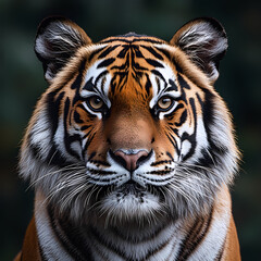 Fototapeta premium Tigers have powerful builds, bold orange fur with black stripes, and intense eyes. There is a sense of strength and grace about the tiger's face, with sharp features and a focused gaze.