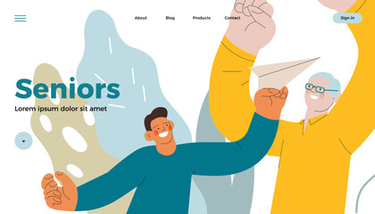 Cheerful senior man with kid. Grandparent play with grandchild with paper airplane on abstract background. Modern flat vector illustration. Seniors. Landing page and website banner template.