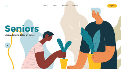 Cheerful senior man with kid. Grandparent planting houseplants with grandchild on abstract background. Senior man gardening with child. Vector illustration. Seniors. Landing page and website banner