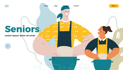 Cheerful senior woman cook with kid. Grandparent baking with grandchild on abstract background. Modern flat vector illustration. Seniors. Landing page and website banner template.