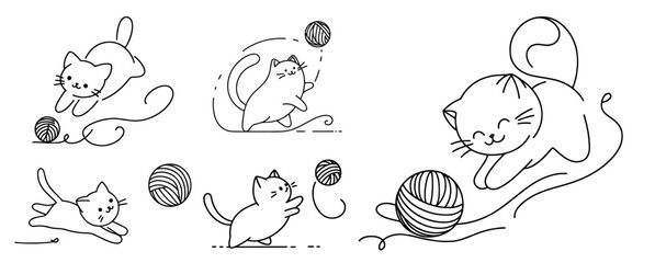 expressive monoline illustration of a cat enjoying playtime, highlighting its lively spirit in a clean design black vector
