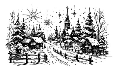Obraz premium Winter Scene with Cottage and Snowman, Black and White Artwork