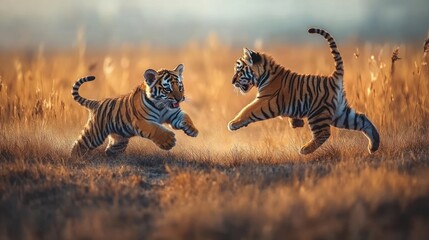 Obraz premium Two playful tiger cubs leap and pounce in a field of tall grass during golden hour.