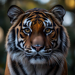 Obraz premium Tigers have powerful builds, bold orange fur with black stripes, and intense eyes. There is a sense of strength and grace about the tiger's face, with sharp features and a focused gaze.