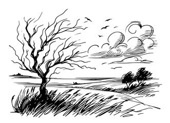 minimalist landscape of tree blowing in the wind in sketch style
