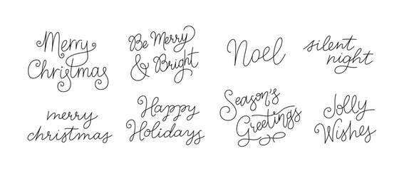 Christmas calligraphy set. Big collection of hand written Christmas greetings. Black line art vector lettering text