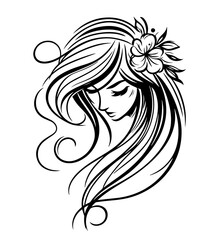 stylized portrait of woman with floral hair accessory, black vector art