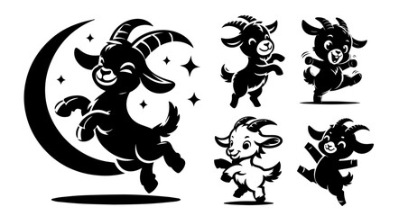 happy goat jumping with enthusiasm, whimsical black vector cartoon style