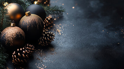 stylish elegant Black background with gold Christmas balls Mockup for Christmas banner and Christmas website headers	
