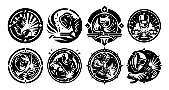 welding worker emblem collection in black vector style