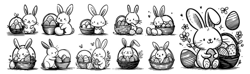 festive hand-drawn line art of easter bunny with basket of eggs, ready for coloring page fun black vector