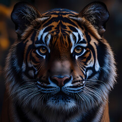Obraz premium Tigers have powerful builds, bold orange fur with black stripes, and intense eyes. There is a sense of strength and grace about the tiger's face, with sharp features and a focused gaze.