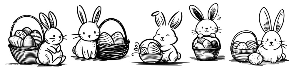 hand-drawn line art of easter bunny with egg basket, celebrating easter joy in coloring page style black vector
